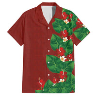 Hawaiian Taro Leaves-Hibiscus and Plumeria Family Matching Off Shoulder Short Dress and Hawaiian Shirt Polynesian Art-Kakau Tattoo Red