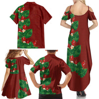 Hawaiian Taro Leaves-Hibiscus and Plumeria Family Matching Summer Maxi Dress and Hawaiian Shirt Polynesian Art-Kakau Tattoo Red