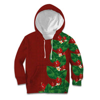 Hawaiian Taro Leaves-Hibiscus and Plumeria Kid Hoodie Polynesian Art-Kakau Tattoo Red