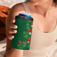 Hawaiian Taro Leaves-Hibiscus and Plumeria 4 in 1 Can Cooler Tumbler Polynesian Art-Kakau Tattoo Green