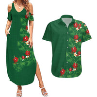 Hawaiian Taro Leaves-Hibiscus and Plumeria Couples Matching Summer Maxi Dress and Hawaiian Shirt Polynesian Art-Kakau Tattoo Green