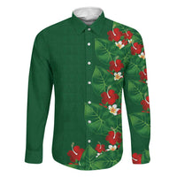 Hawaiian Taro Leaves-Hibiscus and Plumeria Family Matching Short Sleeve Bodycon Dress and Hawaiian Shirt Polynesian Art-Kakau Tattoo Green LT03 Dad's Shirt - Long Sleeve Green - Polynesian Pride