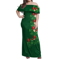 Hawaiian Taro Leaves-Hibiscus and Plumeria Off Shoulder Maxi Dress Polynesian Art-Kakau Tattoo Green