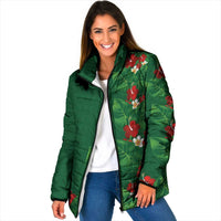 Hawaiian Taro Leaves-Hibiscus and Plumeria Padded Jacket Polynesian Art-Kakau Tattoo Green