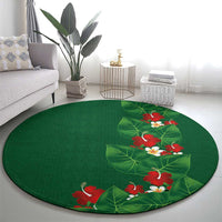 Hawaiian Taro Leaves-Hibiscus and Plumeria Round Carpet Polynesian Art-Kakau Tattoo Green