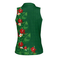 Hawaiian Taro Leaves-Hibiscus and Plumeria Women Sleeveless Polo Shirt Polynesian Art-Kakau Tattoo Green