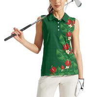 Hawaiian Taro Leaves-Hibiscus and Plumeria Women Sleeveless Polo Shirt Polynesian Art-Kakau Tattoo Green