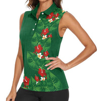Hawaiian Taro Leaves-Hibiscus and Plumeria Women Sleeveless Polo Shirt Polynesian Art-Kakau Tattoo Green