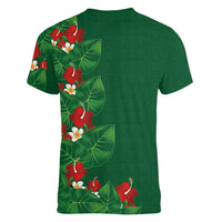 Hawaiian Taro Leaves-Hibiscus and Plumeria Women V-Neck T-Shirt Polynesian Art-Kakau Tattoo Green