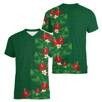 Hawaiian Taro Leaves-Hibiscus and Plumeria Women V-Neck T-Shirt Polynesian Art-Kakau Tattoo Green