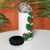 Hawaiian Taro Leaves-Hibiscus and Plumeria 4 in 1 Can Cooler Tumbler Polynesian Art-Kakau Tattoo White