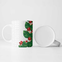 Hawaiian Taro Leaves-Hibiscus and Plumeria Ceramic Mug Polynesian Art-Kakau Tattoo White