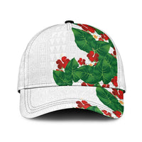Hawaiian Taro Leaves-Hibiscus and Plumeria Classic Cap Polynesian Art-Kakau Tattoo White