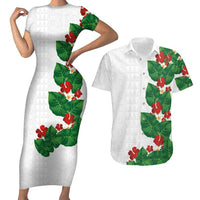 Hawaiian Taro Leaves-Hibiscus and Plumeria Couples Matching Short Sleeve Bodycon Dress and Hawaiian Shirt Polynesian Art-Kakau Tattoo White
