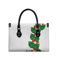 Hawaiian Taro Leaves-Hibiscus and Plumeria Leather Bag Polynesian Art-Kakau Tattoo White