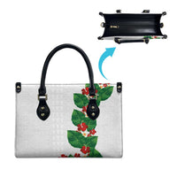 Hawaiian Taro Leaves-Hibiscus and Plumeria Leather Bag Polynesian Art-Kakau Tattoo White