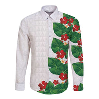 Hawaiian Taro Leaves-Hibiscus and Plumeria Long Sleeve Button Shirt Polynesian Art-Kakau Tattoo White
