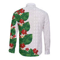 Hawaiian Taro Leaves-Hibiscus and Plumeria Long Sleeve Button Shirt Polynesian Art-Kakau Tattoo White