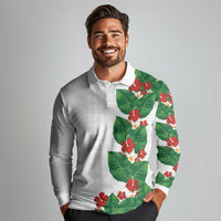 Hawaiian Taro Leaves-Hibiscus and Plumeria Long Sleeve Polo Shirt Polynesian Art-Kakau Tattoo White