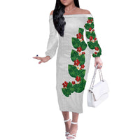 Hawaiian Taro Leaves-Hibiscus and Plumeria Off The Shoulder Long Sleeve Dress Polynesian Art-Kakau Tattoo White