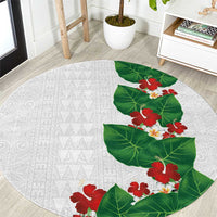 Hawaiian Taro Leaves-Hibiscus and Plumeria Round Carpet Polynesian Art-Kakau Tattoo White