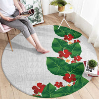 Hawaiian Taro Leaves-Hibiscus and Plumeria Round Carpet Polynesian Art-Kakau Tattoo White