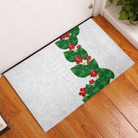Hawaiian Taro Leaves-Hibiscus and Plumeria Rubber Doormat Polynesian Art-Kakau Tattoo White