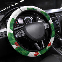 Hawaiian Taro Leaves-Hibiscus and Plumeria Steering Wheel Cover Polynesian Art-Kakau Tattoo White