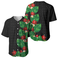 Hawaiian Taro Leaves-Hibiscus and Plumeria Baseball Jersey Polynesian Art-Kakau Tattoo Black