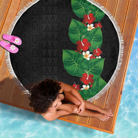 Hawaiian Taro Leaves-Hibiscus and Plumeria Beach Blanket Polynesian Art-Kakau Tattoo Black