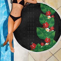 Hawaiian Taro Leaves-Hibiscus and Plumeria Beach Blanket Polynesian Art-Kakau Tattoo Black