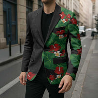 Hawaiian Taro Leaves-Hibiscus and Plumeria Blazer Polynesian Art-Kakau Tattoo Black