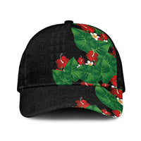 Hawaiian Taro Leaves-Hibiscus and Plumeria Classic Cap Polynesian Art-Kakau Tattoo Black