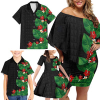 Hawaiian Taro Leaves-Hibiscus and Plumeria Family Matching Off Shoulder Short Dress and Hawaiian Shirt Polynesian Art-Kakau Tattoo Black