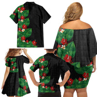 Hawaiian Taro Leaves-Hibiscus and Plumeria Family Matching Off Shoulder Short Dress and Hawaiian Shirt Polynesian Art-Kakau Tattoo Black