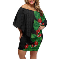 Hawaiian Taro Leaves-Hibiscus and Plumeria Family Matching Off Shoulder Short Dress and Hawaiian Shirt Polynesian Art-Kakau Tattoo Black
