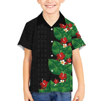 Hawaiian Taro Leaves-Hibiscus and Plumeria Family Matching Off Shoulder Short Dress and Hawaiian Shirt Polynesian Art-Kakau Tattoo Black