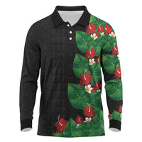 Hawaiian Taro Leaves-Hibiscus and Plumeria Long Sleeve Polo Shirt Polynesian Art-Kakau Tattoo Black