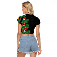 Hawaiian Taro Leaves-Hibiscus and Plumeria Raglan Cropped T Shirt Polynesian Art-Kakau Tattoo Black