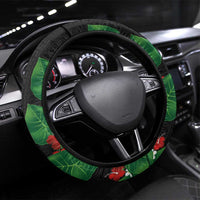 Hawaiian Taro Leaves-Hibiscus and Plumeria Steering Wheel Cover Polynesian Art-Kakau Tattoo Black