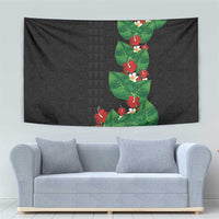 Hawaiian Taro Leaves-Hibiscus and Plumeria Tapestry Polynesian Art-Kakau Tattoo Black