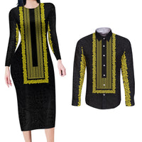 Philippines Polynesian Jasmine Pattern Couples Matching Long Sleeve Bodycon Dress and Long Sleeve Button Shirt With Barong Tagalog Black Style