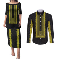 Philippines Polynesian Jasmine Pattern Couples Matching Puletasi and Long Sleeve Button Shirt With Barong Tagalog Black Style