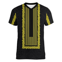Philippines Polynesian Jasmine Pattern Women V-Neck T-Shirt With Barong Tagalog Black Style