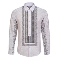 Philippines Polynesian Jasmine Pattern Family Matching Long Sleeve Bodycon Dress and Hawaiian Shirt With Barong Tagalog White Style