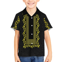 Philippines Polynesian Floral Pattern Family Matching Tank Maxi Dress and Hawaiian Shirt With Barong Tagalog Black Style