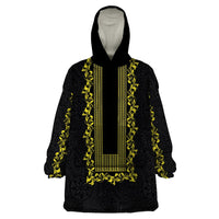 Philippines Polynesian Floral Pattern Wearable Blanket Hoodie With Barong Tagalog Black Style