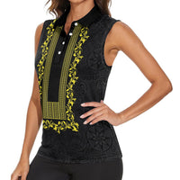 Philippines Polynesian Floral Pattern Women Sleeveless Polo Shirt With Barong Tagalog Black Style