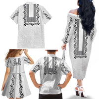 Philippines Polynesian Floral Pattern Family Matching Off The Shoulder Long Sleeve Dress and Hawaiian Shirt With Barong Tagalog White Style