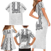 Philippines Polynesian Floral Pattern Family Matching Short Sleeve Bodycon Dress and Hawaiian Shirt With Barong Tagalog White Style